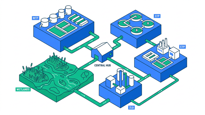 Isometric campus-style illustration of BlueDrop Waters