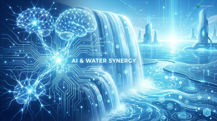 Futuristic illustration showing AI data networks merging with water elements, symbolizing modern technology in water management with a blue and white color scheme.