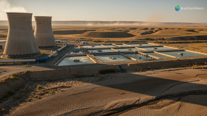 Industrial water treatment facility with cooling towers against drought-stricken landscape showing water scarcity crisis