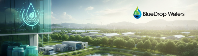 Image illustrating sustainable water management with rainwater harvesting, smart irrigation, and advanced treatment technologies.