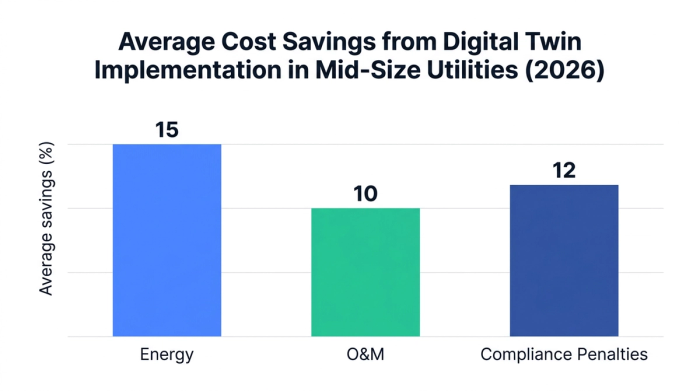 Bar chart showing average cost savings from digital twin implementation in mid-size utilities (2026) — data visualization for average savings (%)