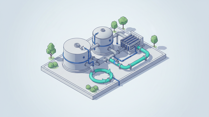 Isometric industrial water treatment facility with three treatment stages connected by pipes and a reuse loop returning treated water to the plant