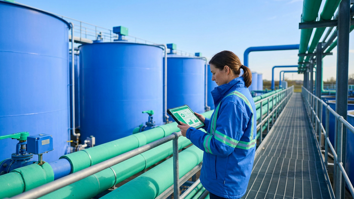 Wide-angle exterior view of an industrial water treatment facility with large tanks and piping while an engineer reviews a tablet