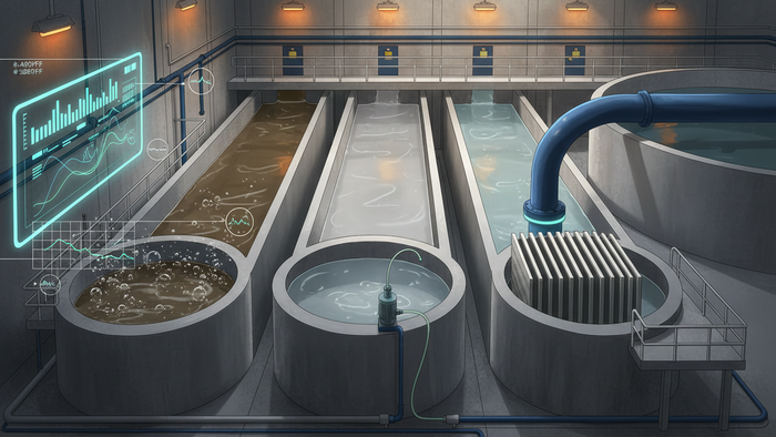 Interior of an industrial water treatment plant with segregated pipe channels leading into separate tanks, a wall-mounted monitoring dashboard, and a reuse pipe loop.