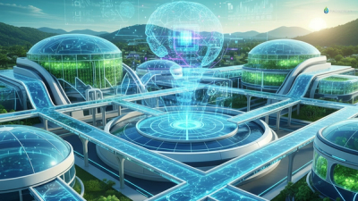 Futuristic digital illustration of AI elements combined with water management imagery, showcasing a high-tech sustainable facility in vibrant blues and greens.