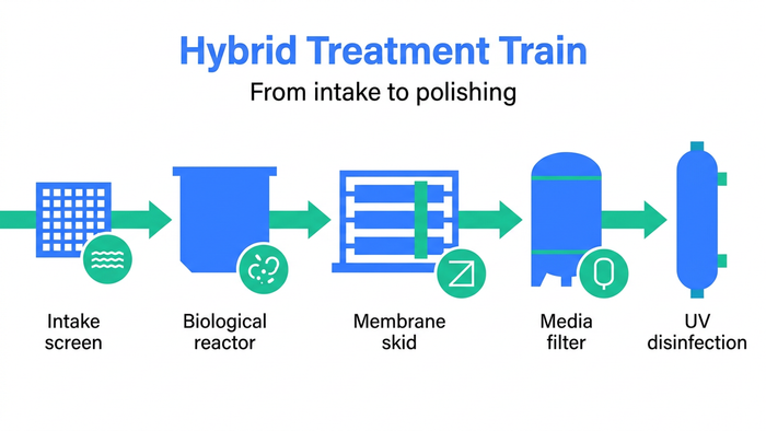Flat process illustration of a hybrid water treatment train showing intake, biological, membrane, and disinfection stages