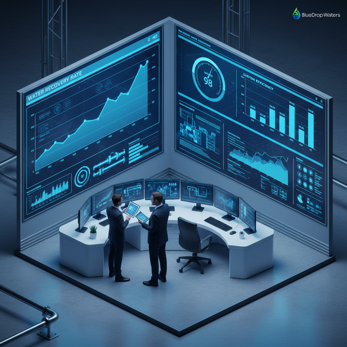 Modern industrial water treatment control room with engineers analyzing real-time ZLD system data on multiple screens showing performance metrics and efficiency charts