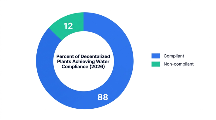 Pie chart showing percent of decentralized plants achieving water reuse compliance (2026) — data visualization for share of decentralized plants by compliance status