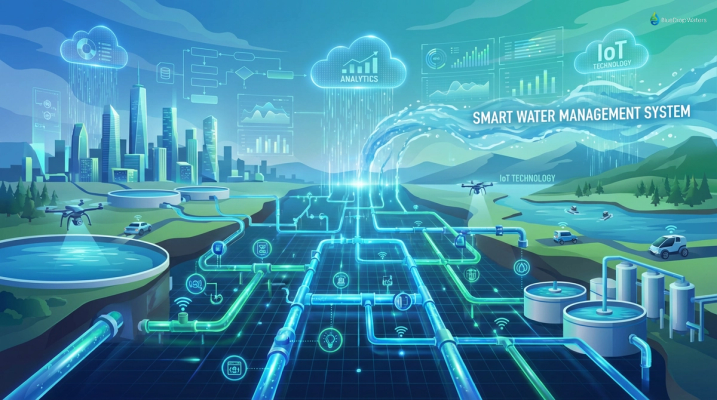 Illustration of a smart water management system with IoT sensors, water flow, and data analytics on a blue and green background.