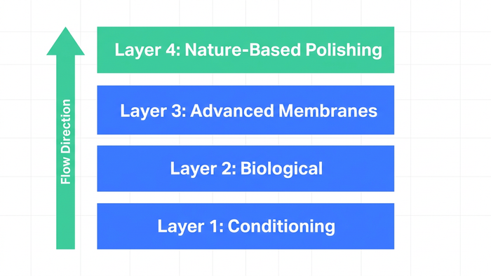 Vertical four-layer stacked diagram illustrating the hybrid treatment train design framework from raw water conditioning to nature-based polishing