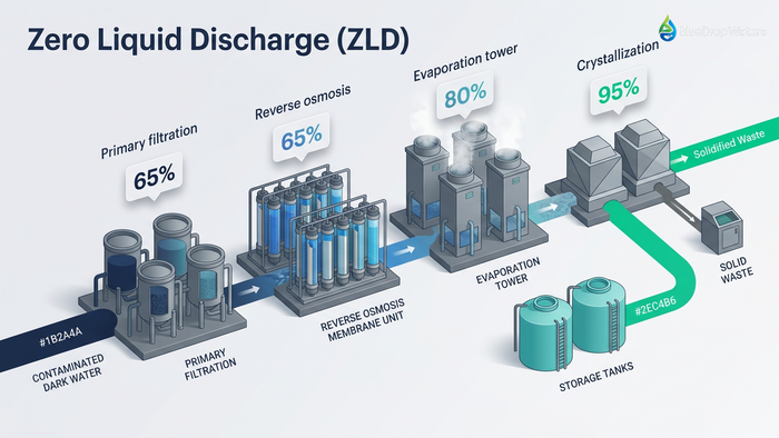 Isometric technical diagram of multi-stage zero liquid discharge system showing water treatment progression from contaminated input through filtration, reverse osmosis, evaporation, and crystallization to clean water output with percentage recovery rates