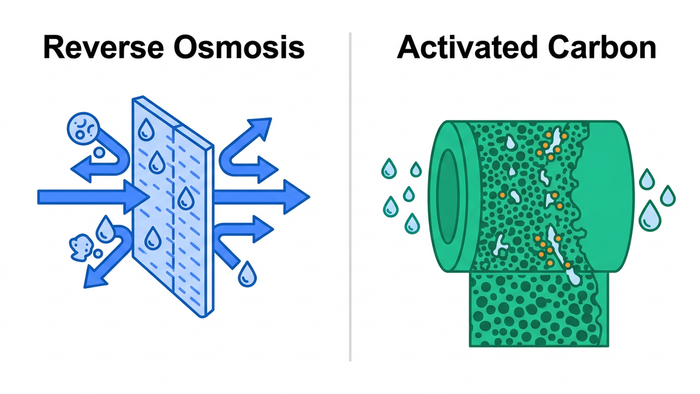 Side-by-side flat illustration contrasting a reverse osmosis membrane panel and an activated carbon filter panel with labeled water droplets