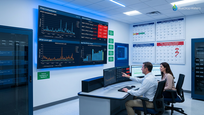 Water treatment control room with digital PFAS monitoring screens displaying contamination data, compliance timelines, and EPA deadline alerts with professional operators reviewing real-time parameters