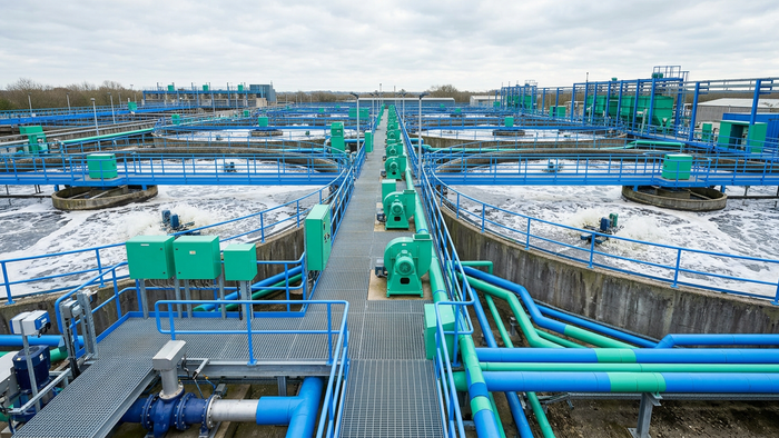 Wide outdoor aerial-angle view of an industrial effluent treatment plant with active aeration basins, blowers, and pipework