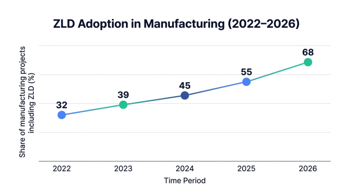 Line chart showing zld adoption in manufacturing (2022–2026) — data visualization for share of manufacturing projects including zld (%)