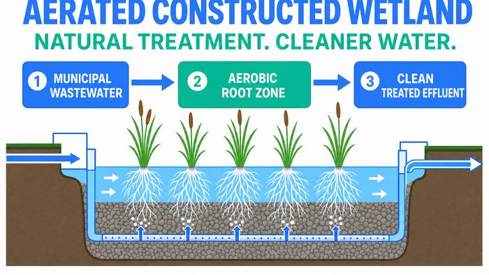 A schematic cross-section of an aerated constructed wetland showing roots and water flow.