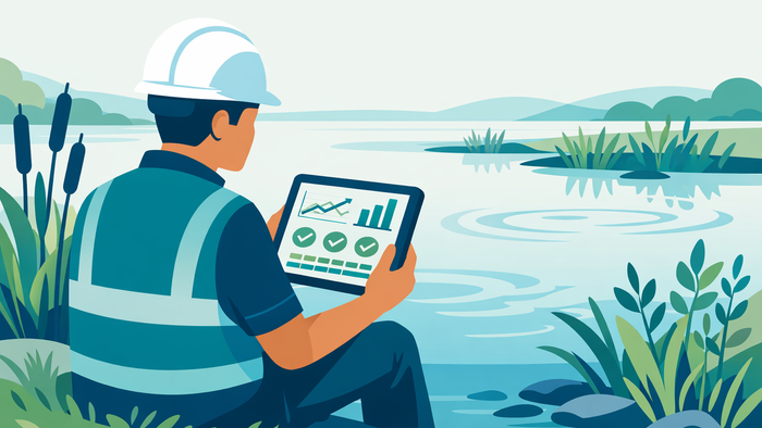 Flat illustration of a water management professional reviewing a wetland monitoring dashboard on a tablet while seated at the edge of an aerated constructed wetland system