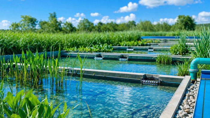 Visualize the scale and aesthetic of a nature-based municipal water treatment plant.