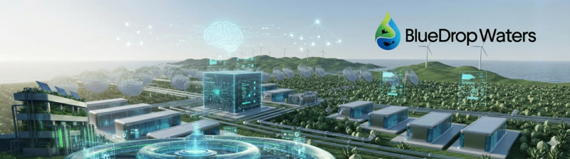 A futuristic depiction of innovative water management technologies showcasing sustainability efforts for SMEs.