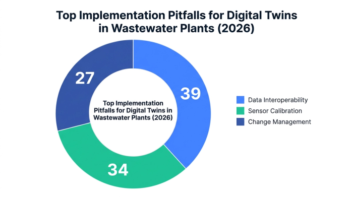 Pie chart showing top implementation pitfalls for digital twins in wastewater plants (2026) — data visualization for share of reported pitfalls (%)