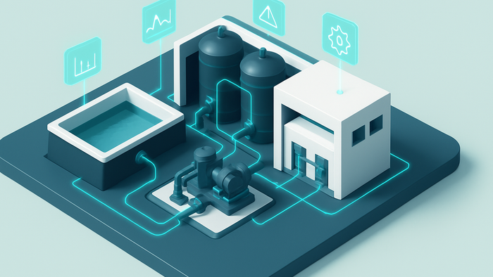 Isometric 3D illustration of a water treatment plant with AI sensor network and predictive maintenance system showing interconnected equipment and data flows