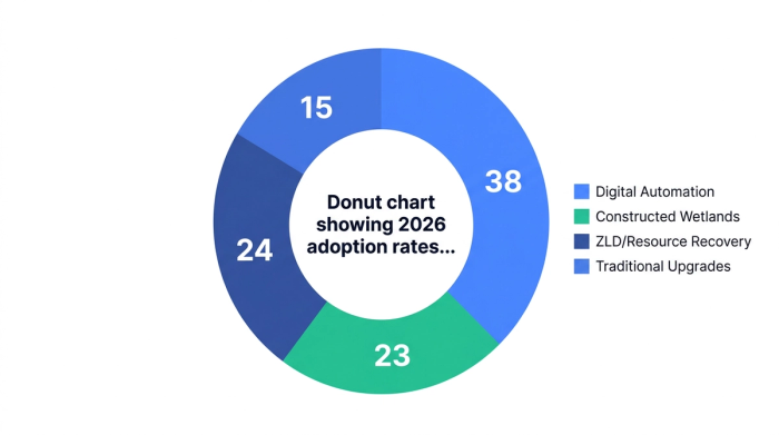 Pie chart showing donut chart showing 2026 adoption rates of sustainable wastewater strategies across digital automation, constructed wetlands, zld and resource recovery, and traditional upgrades — data visualization for adoption rate of sustainable wastewater strategies (2026)