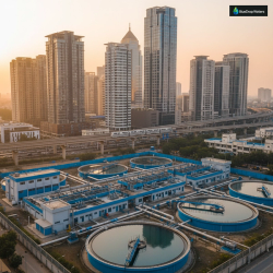 Modern water treatment facility integrated into Indian cityscape at sunset, showcasing advanced purification infrastructure with clean water tanks and urban buildings