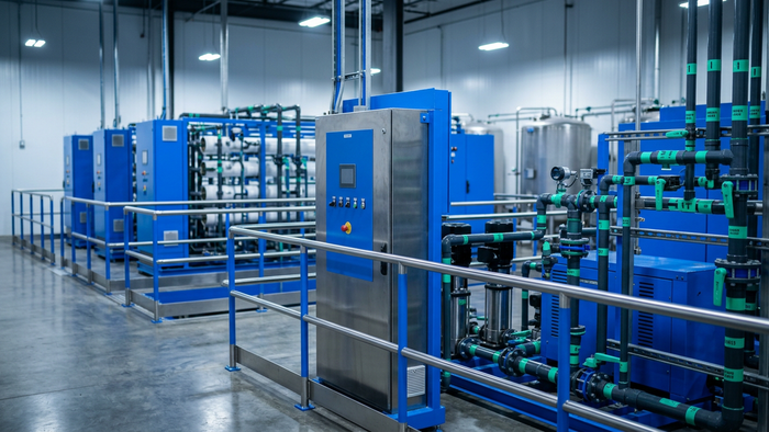 Operational food processing plant utility area with water treatment skids, piping, and control panels showing ZLD infrastructure