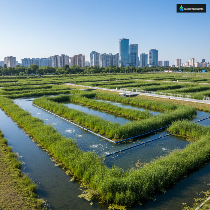 Aerial view of modern aerated constructed wetland with green aquatic plants and water channels, featuring blue aeration equipment, set against urban skyline with buildings in background