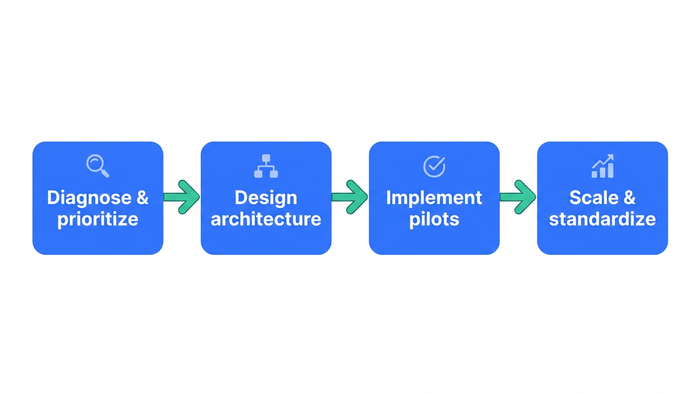 Horizontal four-step process diagram showing the Diagnose, Design, Implement, and Scale framework for AI wastewater optimization