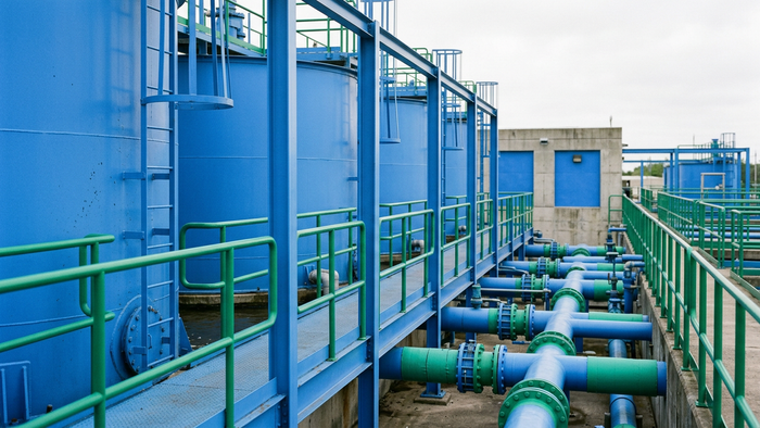Outdoor industrial water treatment facility with large tanks, pipes, and a control building in natural daylight