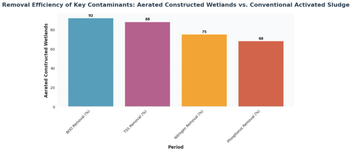 Bar chart showing removal efficiency of key contaminants: aerated constructed wetlands vs. conventional activated sludge with data visualization for aerated constructed wetlands
