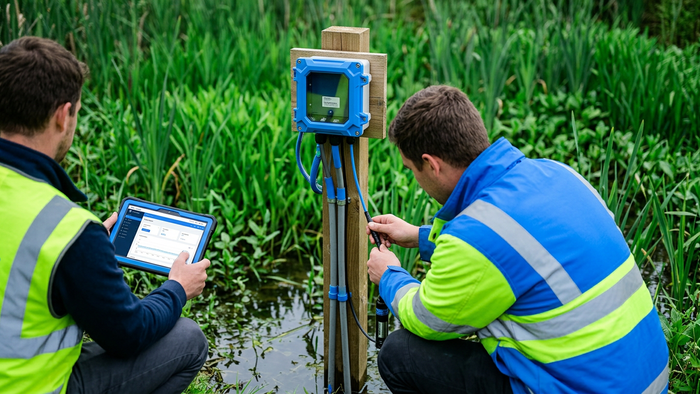 Technical team inspecting monitoring equipment at the edge of a constructed wetland treatment cell in the field