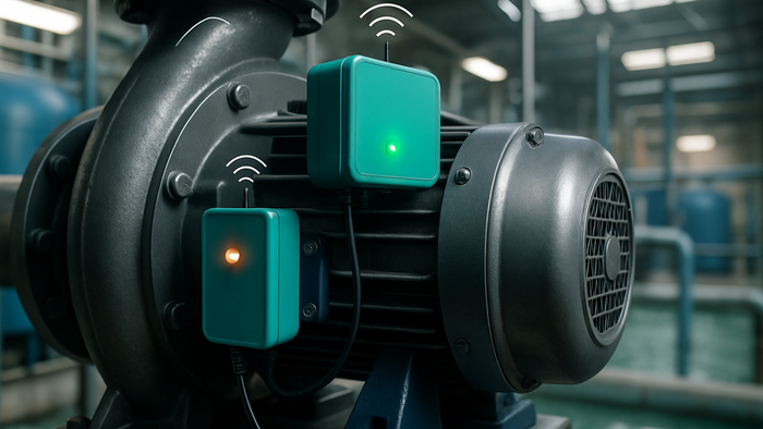 Close-up of industrial water pump equipped with IoT sensors and monitoring devices for AI-powered predictive maintenance in water treatment facility