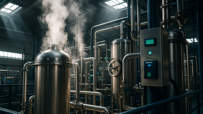 Industrial zero liquid discharge system with evaporators and crystallizers in modern facility, showing advanced water recycling technology