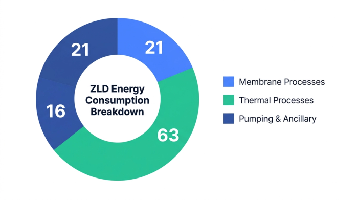 Pie chart showing ZLD plant energy consumption breakdown: 63% thermal processes, 21% membrane processes, 16% pumping and ancillary