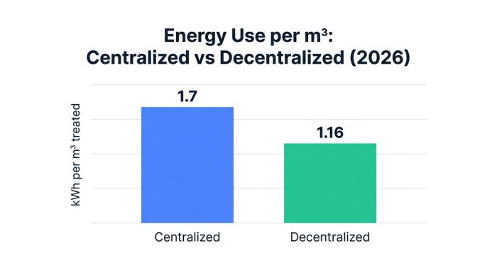Bar chart showing energy use per m³: centralized vs decentralized (2026) — data visualization for kwh per m³ treated