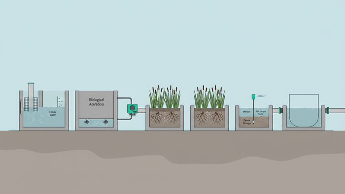 Flat cross-sectional diagram of a hybrid industrial wastewater treatment train, from screening and equalization through aerated wetland gravel beds, a monitoring sensor post, and a final clean-water reuse or discharge outlet.