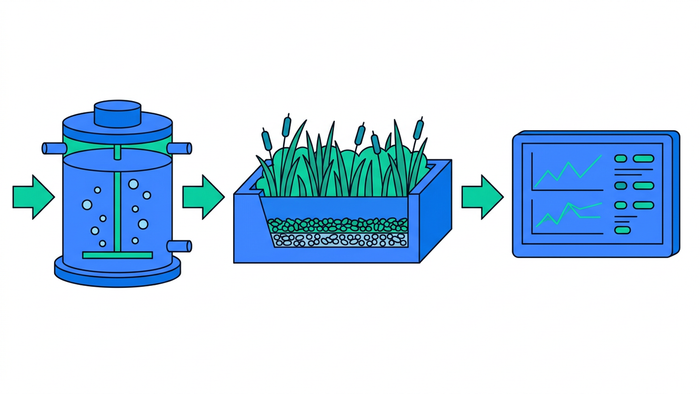 Flat editorial illustration showing a biological reactor, a constructed wetland, and a digital monitoring screen connected by directional arrows in a decentralized treatment technology layout