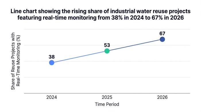 Line chart showing line chart showing the rising share of industrial water reuse projects featuring real-time monitoring from 38% in 2024 to 67% in 2026 — data visualization for share of reuse projects with real-time monitoring (%)