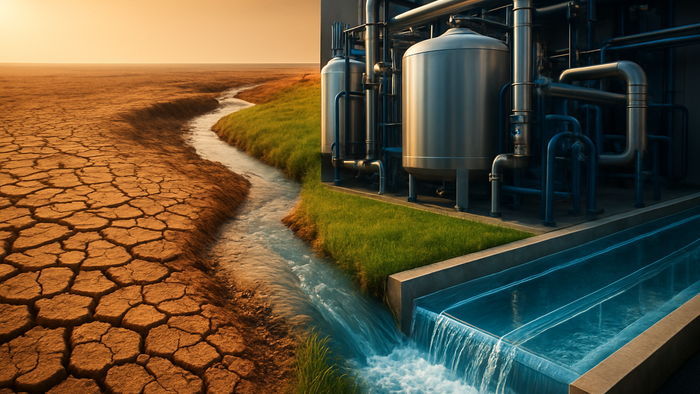 Split composition showing drought-stressed landscape transitioning to modern water treatment facility with recycling systems, illustrating zero liquid discharge solutions addressing water scarcity