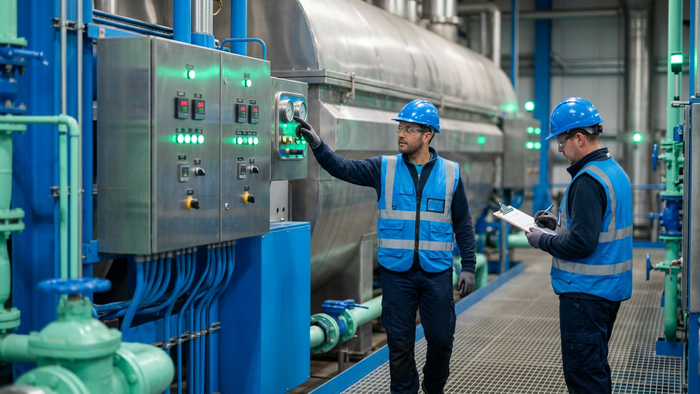 Operators in safety gear inspecting an industrial evaporator and control panel inside a treatment plant