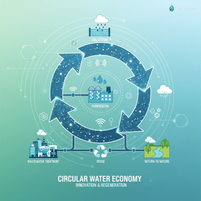 Infographic illustrating the circular economy in water management, featuring water cycles, reuse symbols, and sustainability icons in blue and green.