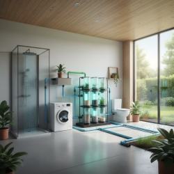 Modern digital illustration of a greywater recycling system in an eco-friendly home.