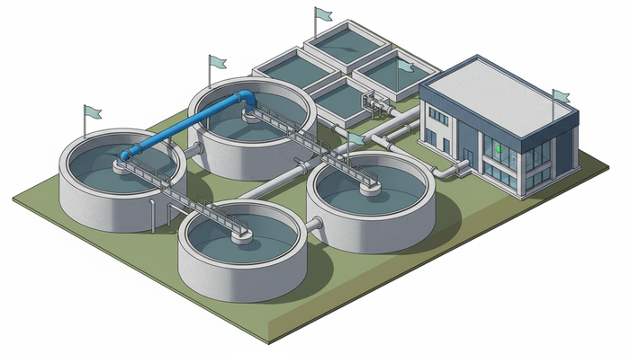 Isometric exterior view of an industrial wastewater treatment plant with multiple circular clarifier tanks, interconnecting pipes, and a control building, illustrating a modern zero liquid discharge facility.