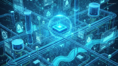 Illustration of AI-driven smart water management in a cityscape with IoT and analytics.