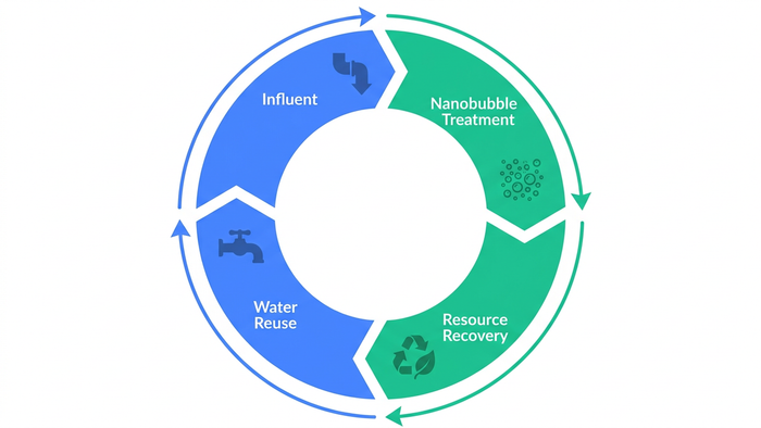 Circular flow illustration showing the full sustainable wastewater cycle: influent, nanobubble treatment, resource recovery, and clean water reuse