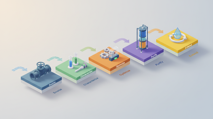 A five-stage process diagram as connected isometric platform blocks for water treatment workflow steps: Source, Characterize, Optimize, Purify, Extend.