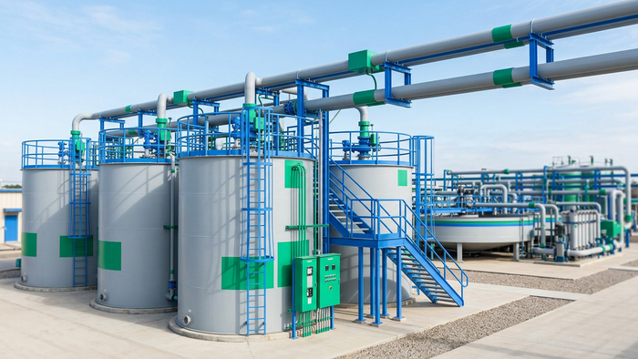 Wide-angle editorial photograph of an outdoor industrial water treatment facility with modern tanks, piping, and control units in clean daylight