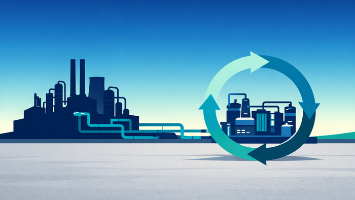 Flat illustration of an industrial facility with a zero liquid discharge treatment system and circular water reuse flow in brand blue and teal colors